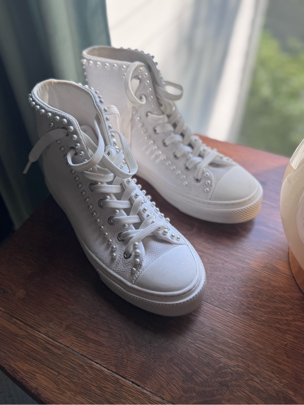 Stuart Weitzman White Pearl-Embellished High-Top Sneakers